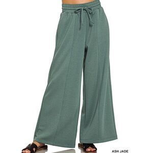 Zenana Scuba Drawstring Ash Jade Wide-Leg Pants